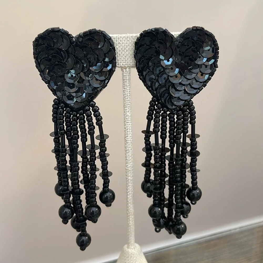 Vintage 80’s Black Sequin & Beaded Heart Clip Earrings